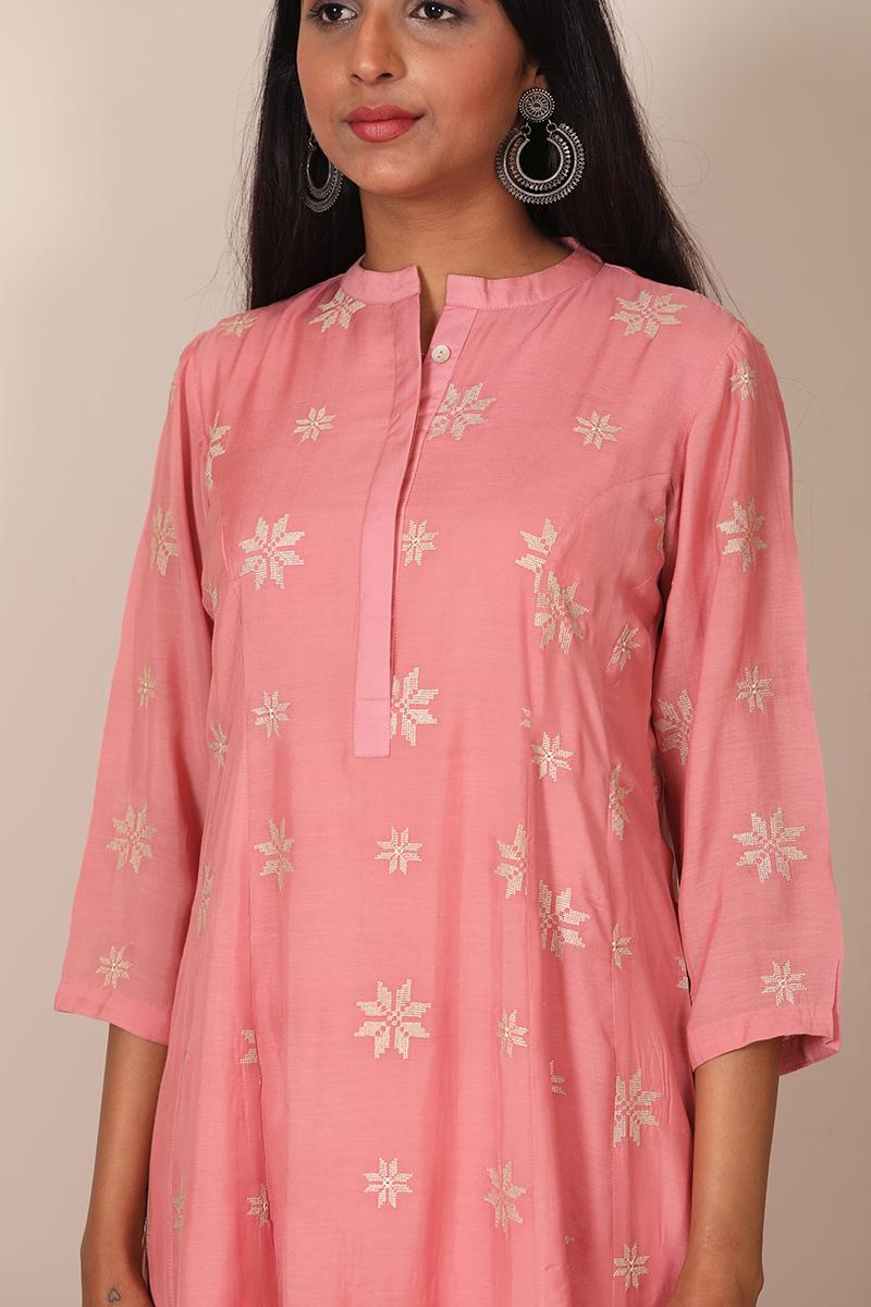 dusky pink phulkari embroidered kurta