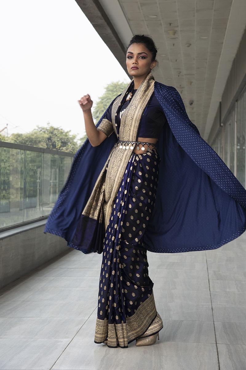 navy blue pure katan silk saree & blouse with embroidered belt.
