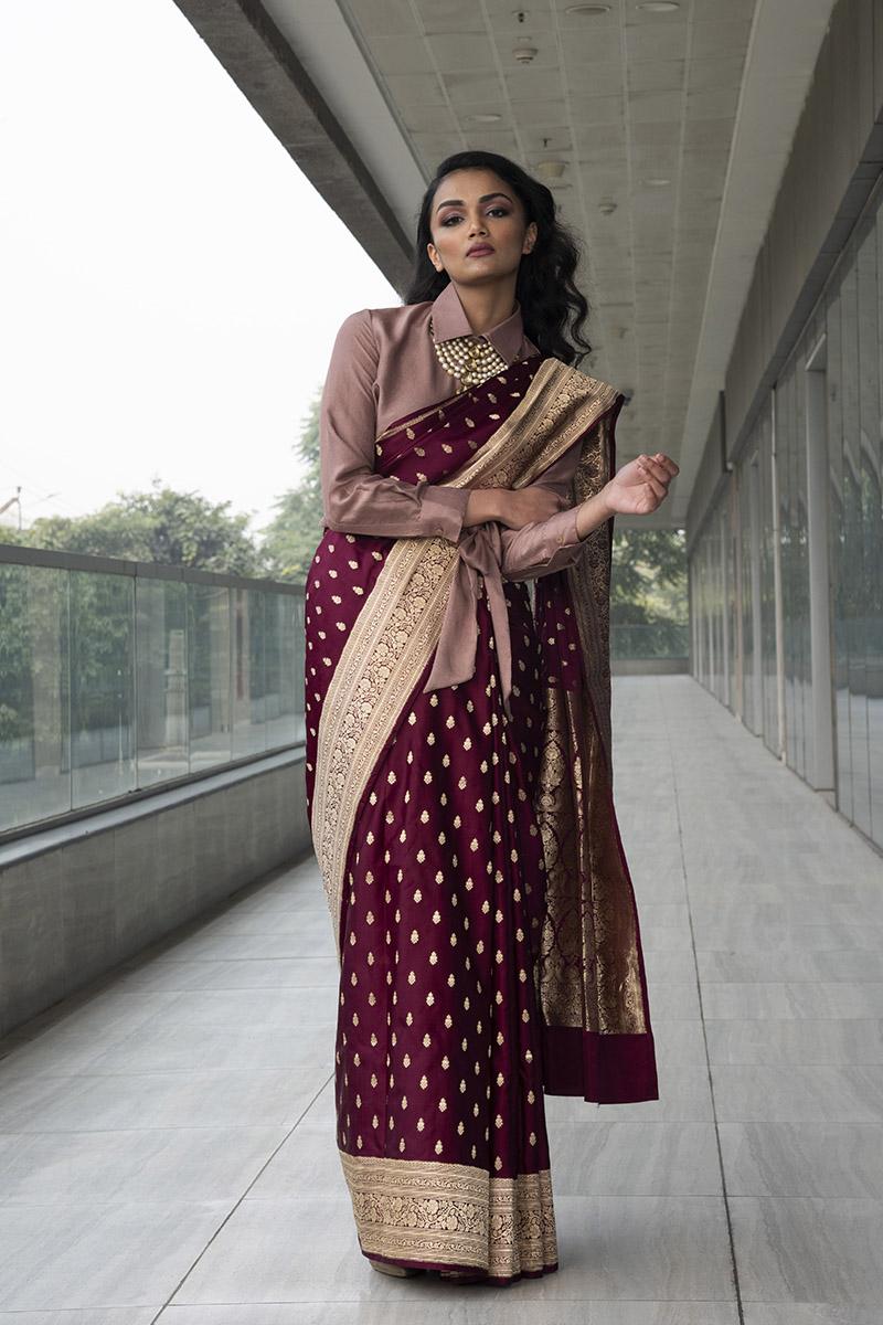 wine pure katan silk saree with pink silk cropped shirt blouse with tie-knot belt
