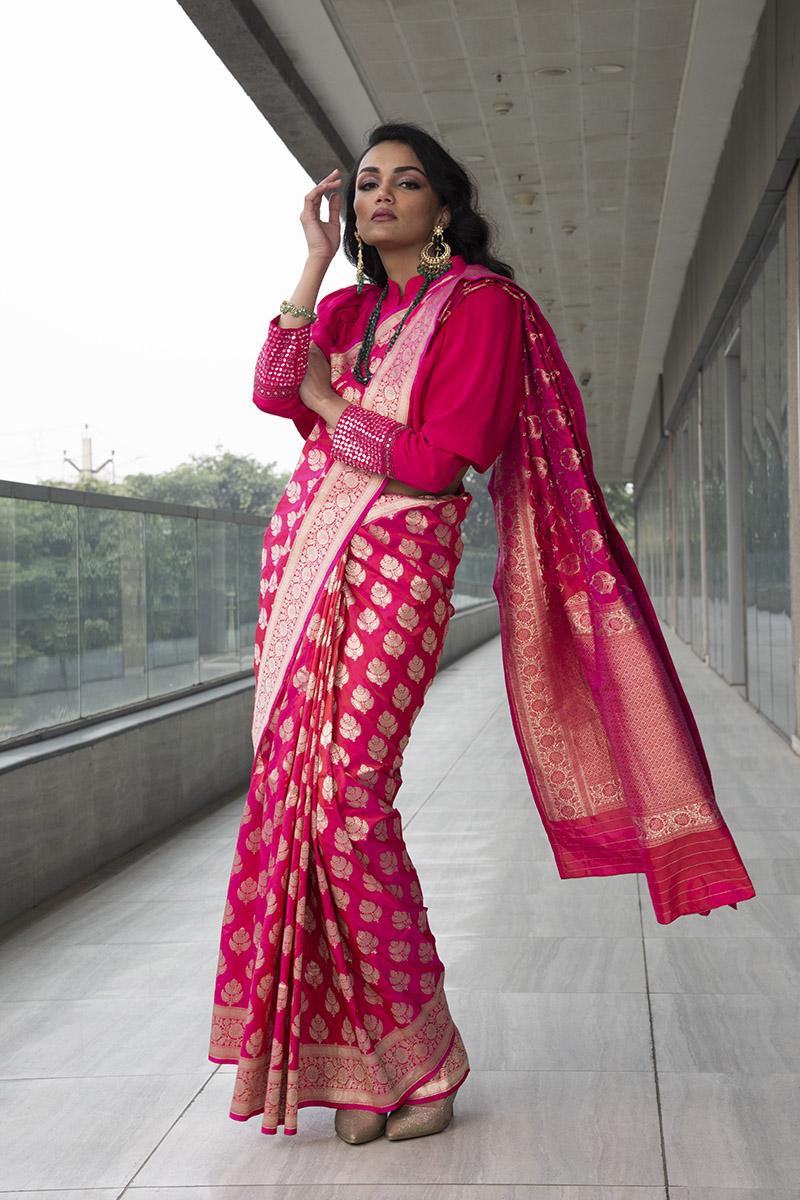fuchsia pure katan silk saree with halter neck blouse & brocade short jacket.