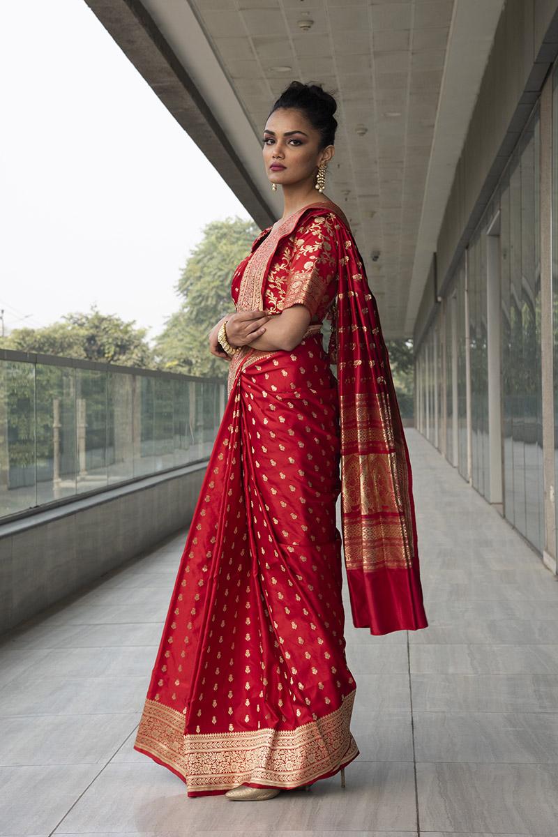 red pure katan silk saree with brocade blouse