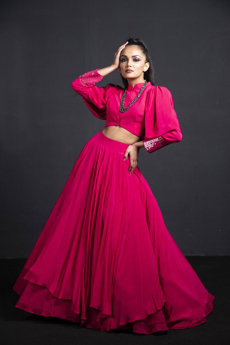 fuchsia power shoulder top with skirt