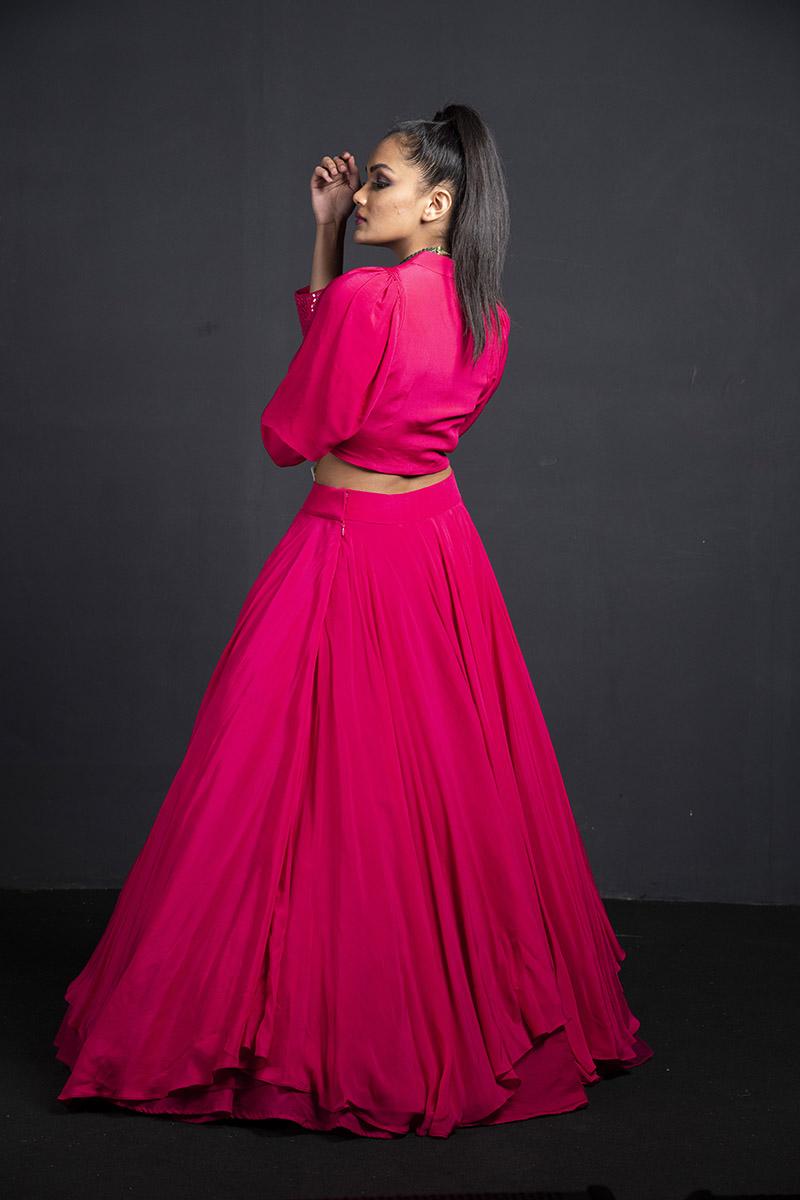 fuchsia power shoulder top with skirt