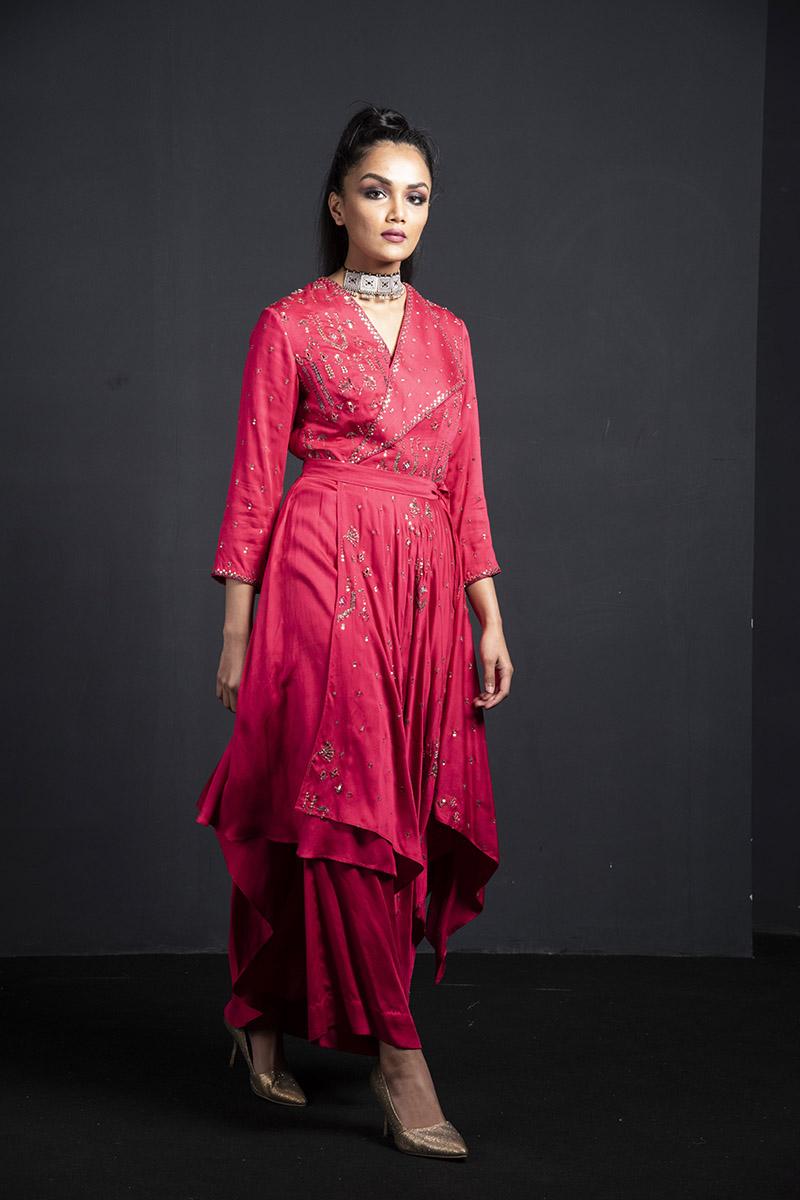 coral indo-western  kurta with tie-knot belt and palazzo pants