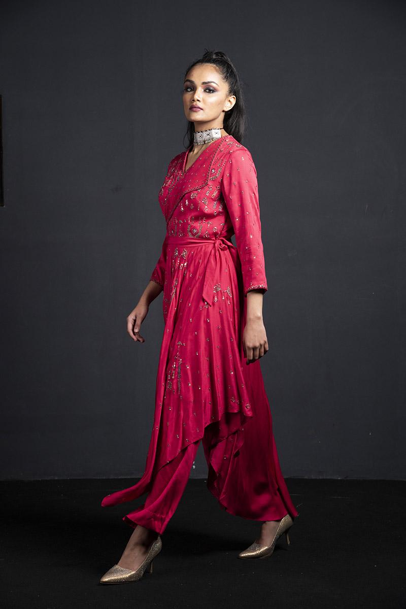 coral indo-western  kurta with tie-knot belt and palazzo pants