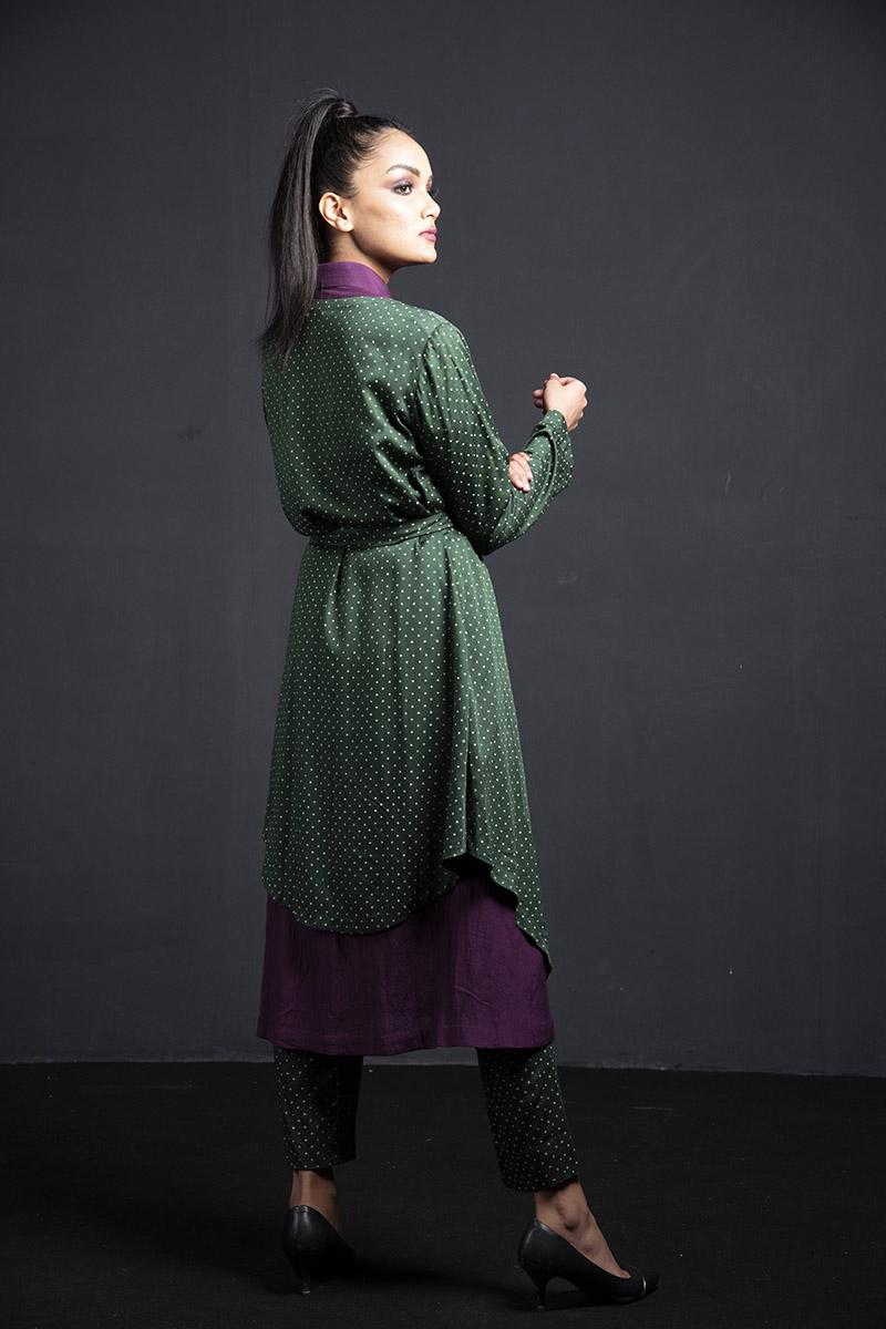 emrald green polka dot trench style jacket with long shirt and pants 