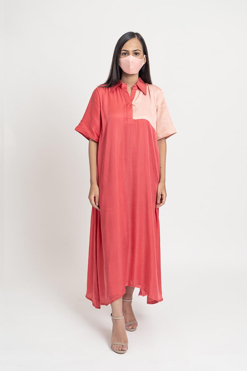 Coral and Pale Coral colored flared Midi Dress