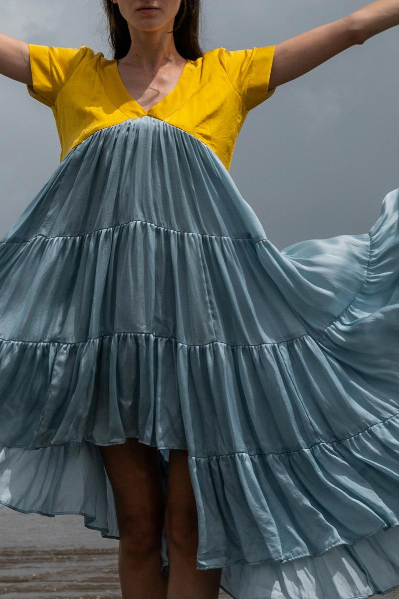 Yellow-Ice Blue Asymmetrical Dress