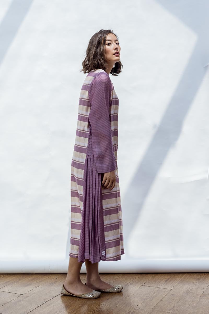 Purple handwoven silk and linen stripes dress