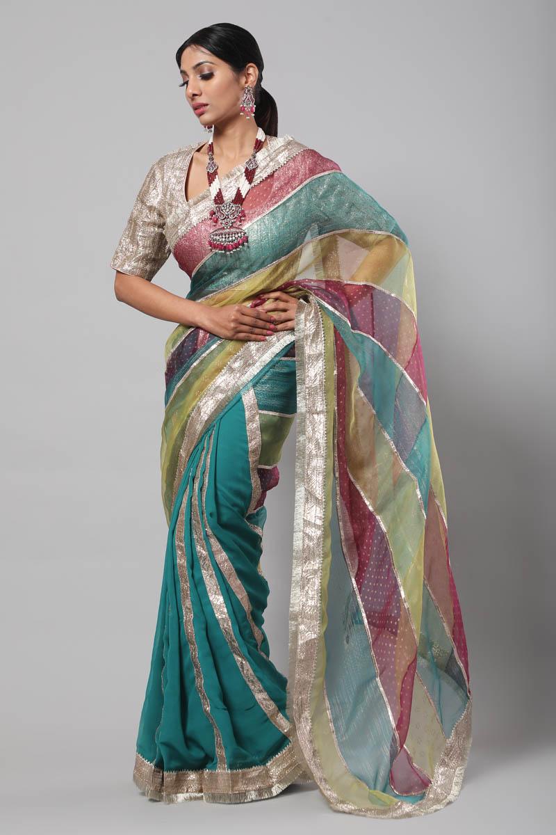 multicoloue silver block printed saree