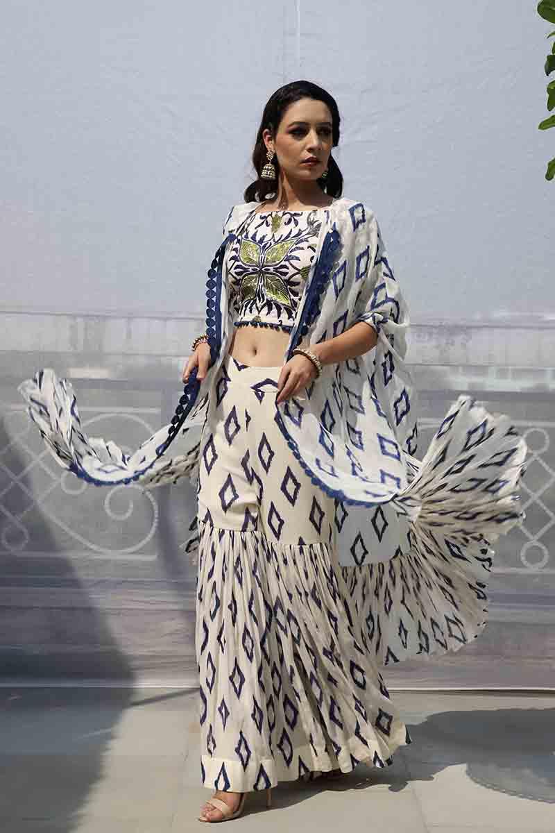 off white georgette and crepe sharara set
