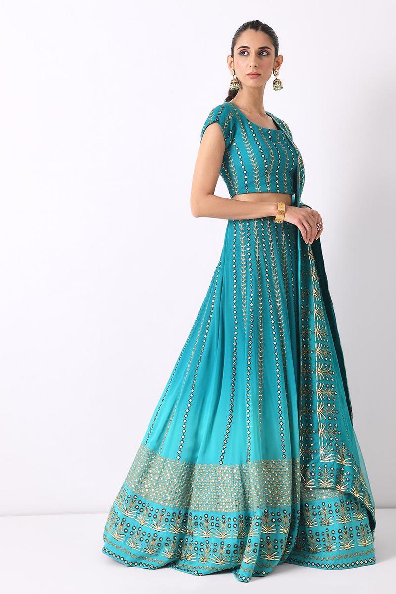 teal ombre linear embroidery lehnga set