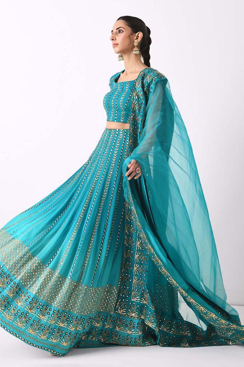 teal ombre linear embroidery lehnga set