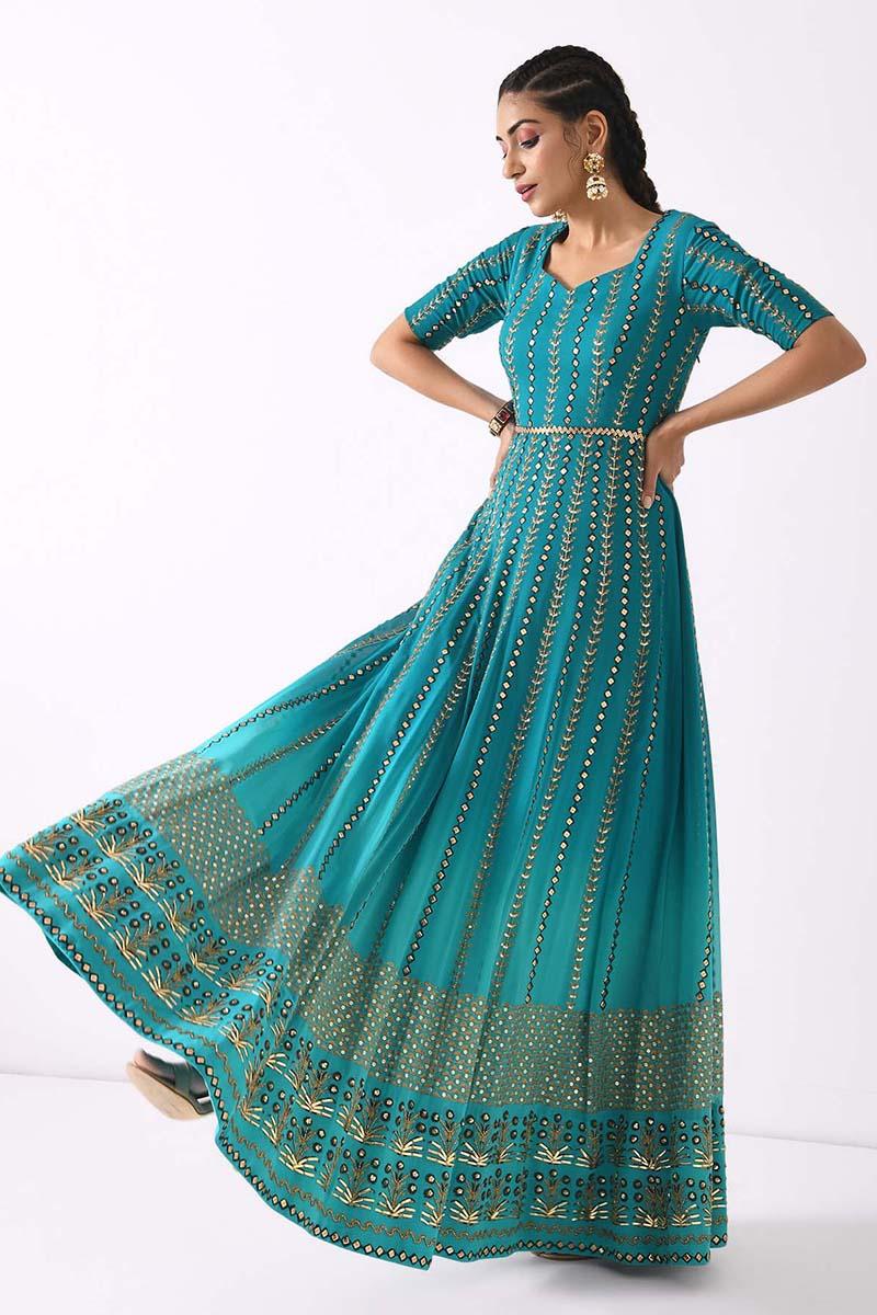 teal ombre linear embroidery anarkali set
