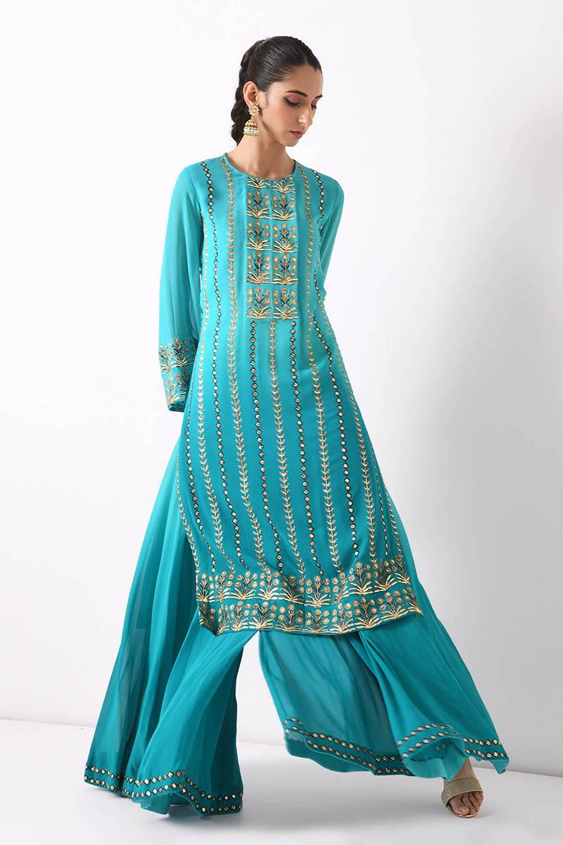 teal ombre linear embroidery sharara set