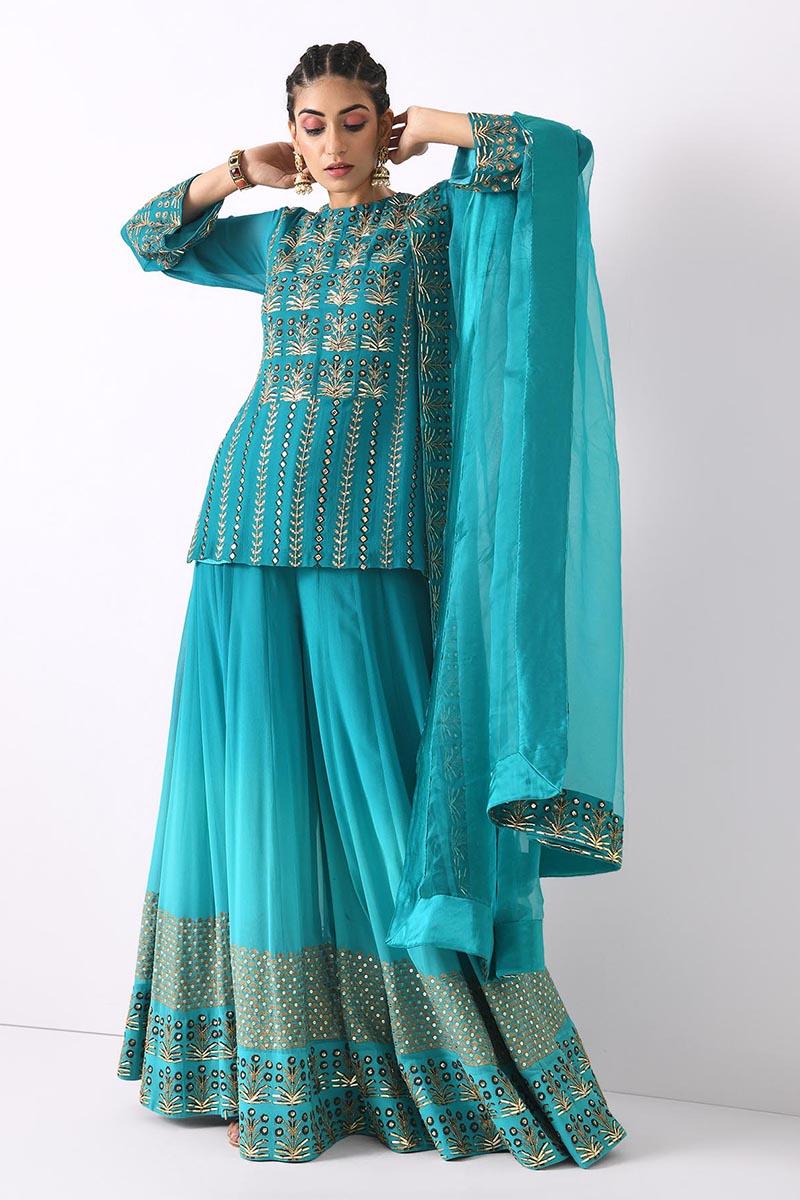 teal ombre linear embroidery short sharara set