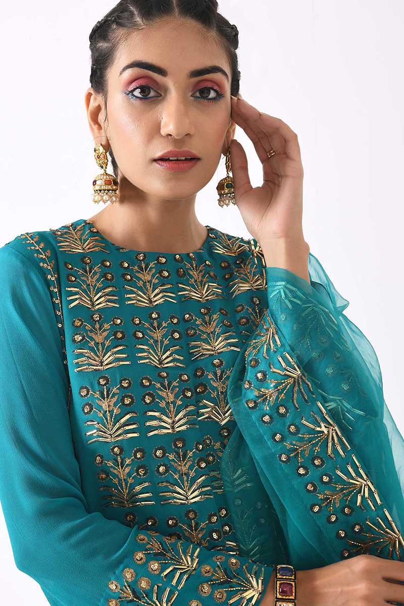 teal ombre linear embroidery short sharara set