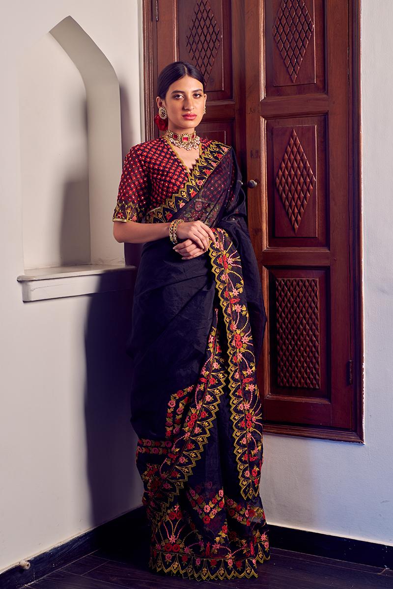 Black and red floral embroidered saree set