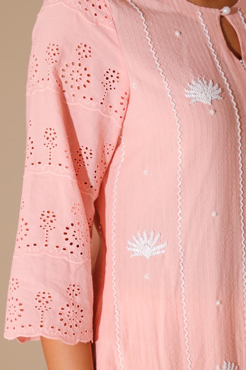 Peach Cotton Kubra Crochete Lace, Dobby Kurta set