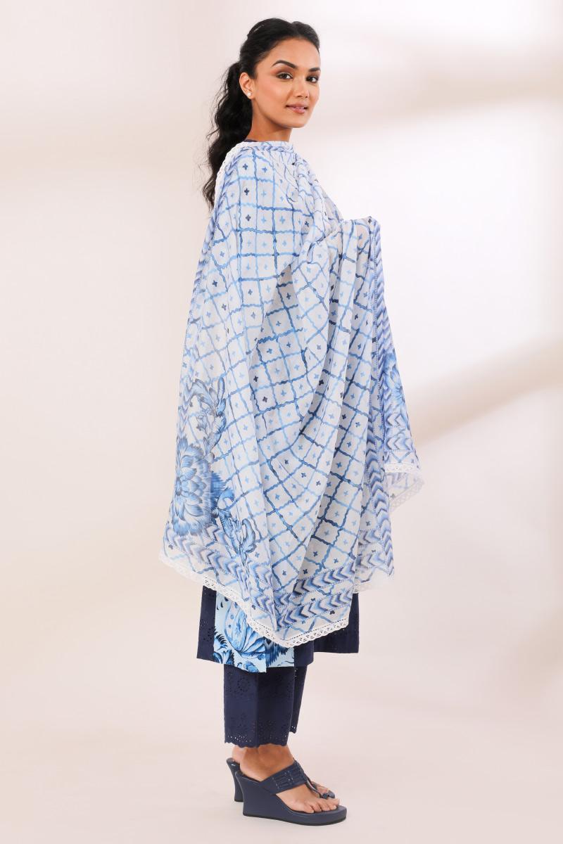 White/Blue Chanderi Modal Sonara Crochete Lace Dupatta