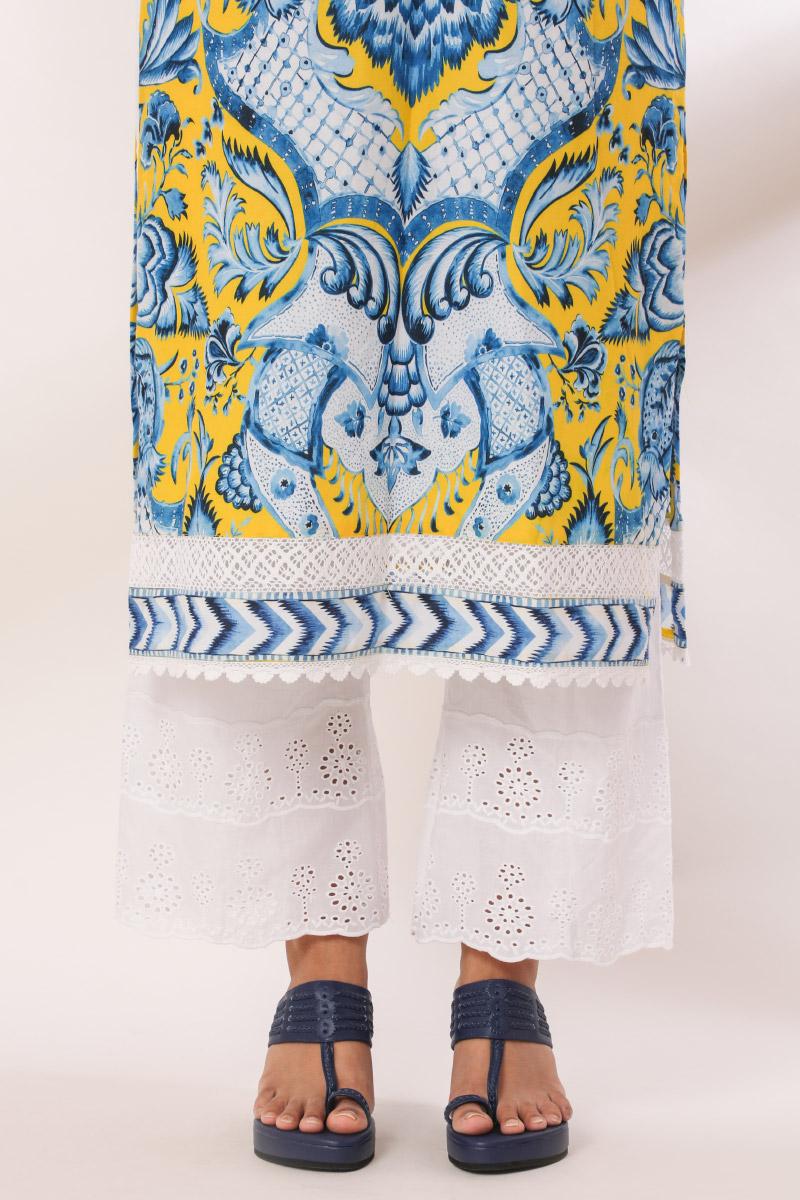 Yellow Cotton Reeti Crochete Lace, Schiffli Kurta set