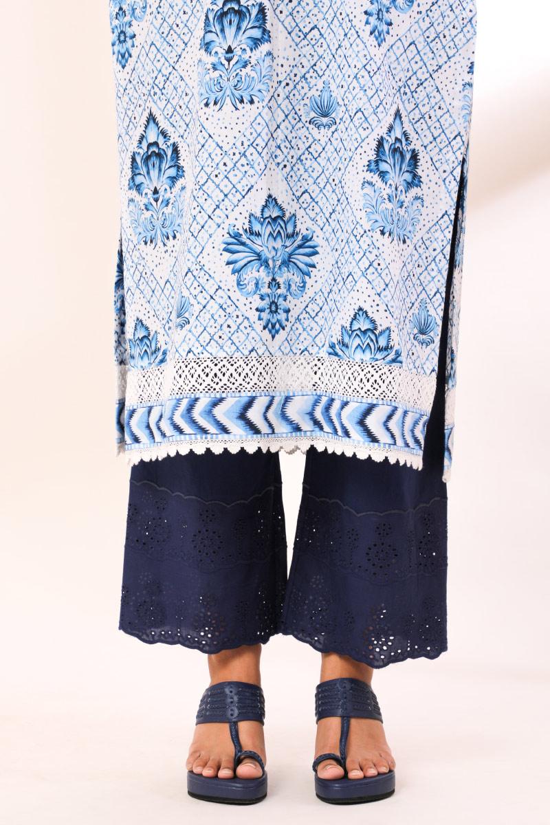 Blue Cotton Reeti Crochete Lace, Schiffli Kurta set