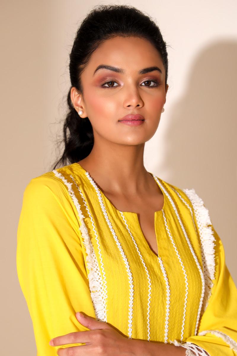 Yellow Cotton Kudrat Crochete Lace Kurta set