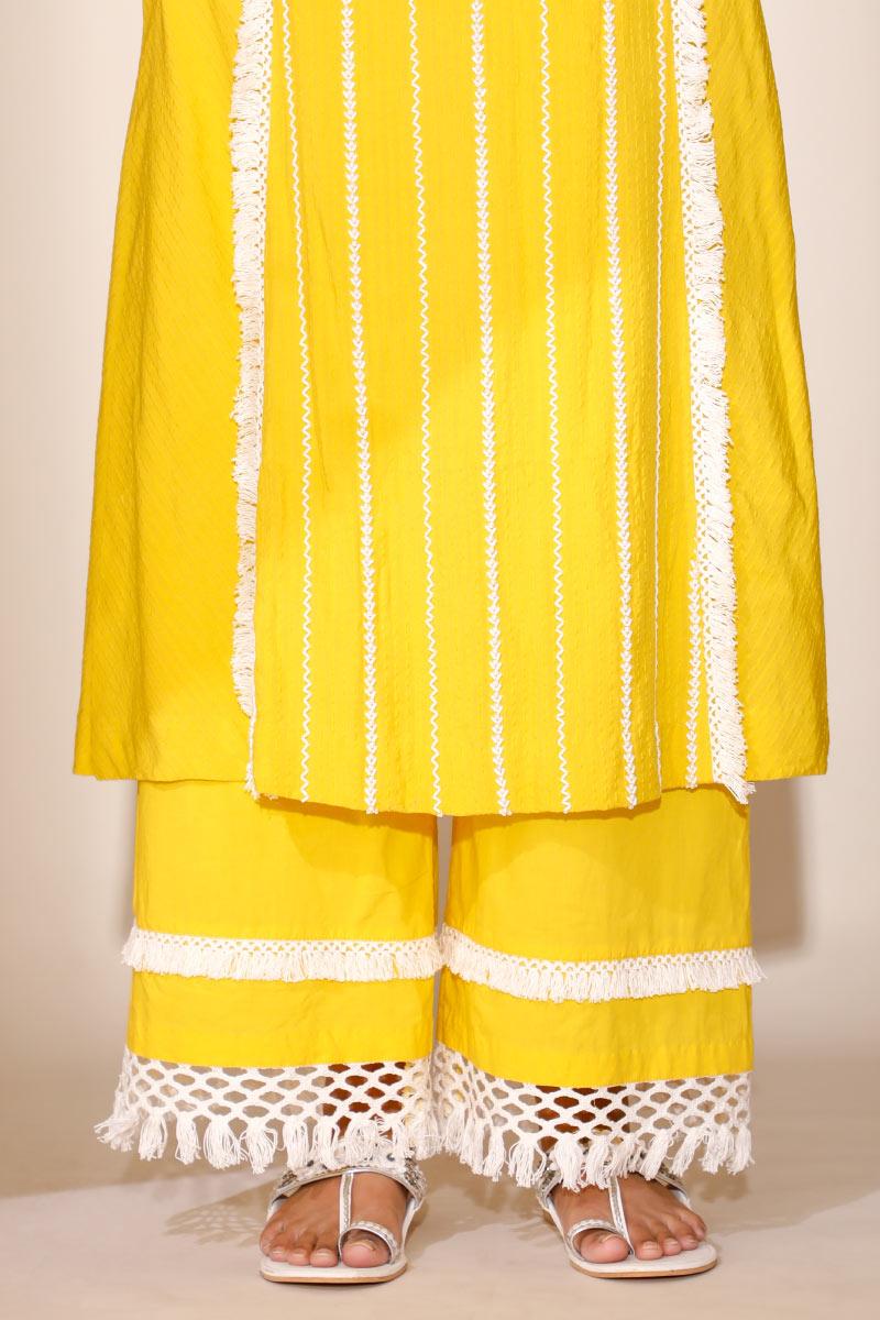 Yellow Cotton Kudrat Crochete Lace Kurta set