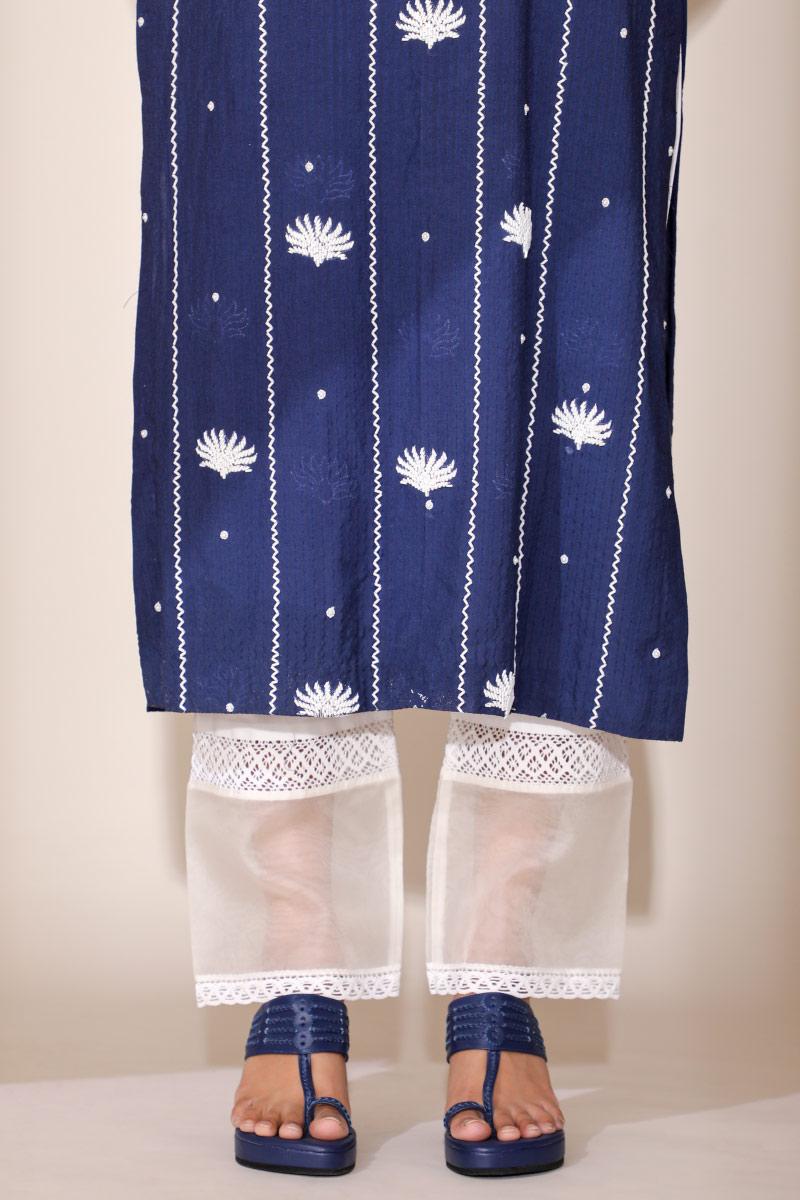 Blue Cotton Kubra Crochete Lace, Schiffli Kurta set