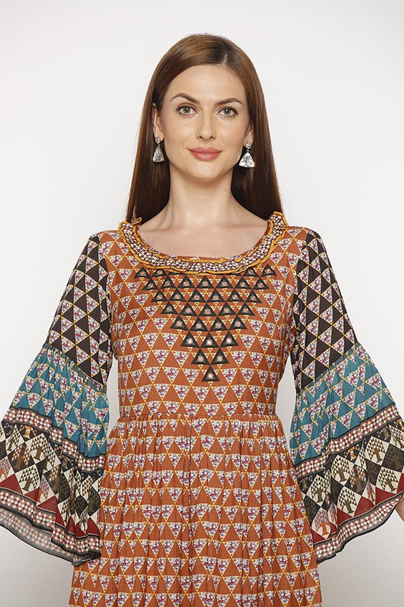 Anarkali style printed dress in orange and cyan