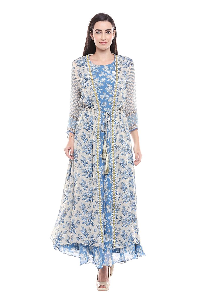 Monotone blues printed dress with jacket