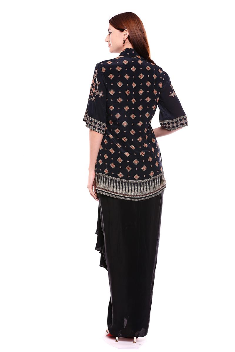 Black printed set with dhoti and belt