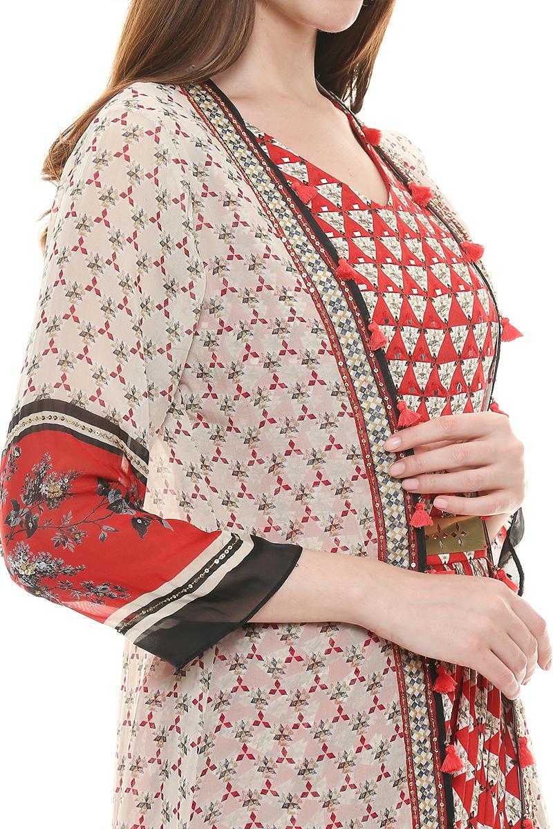 Red and white printed dress with jacket