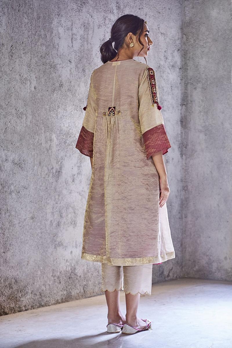 Beige and wine padmavat jacket with tissue scallop pants