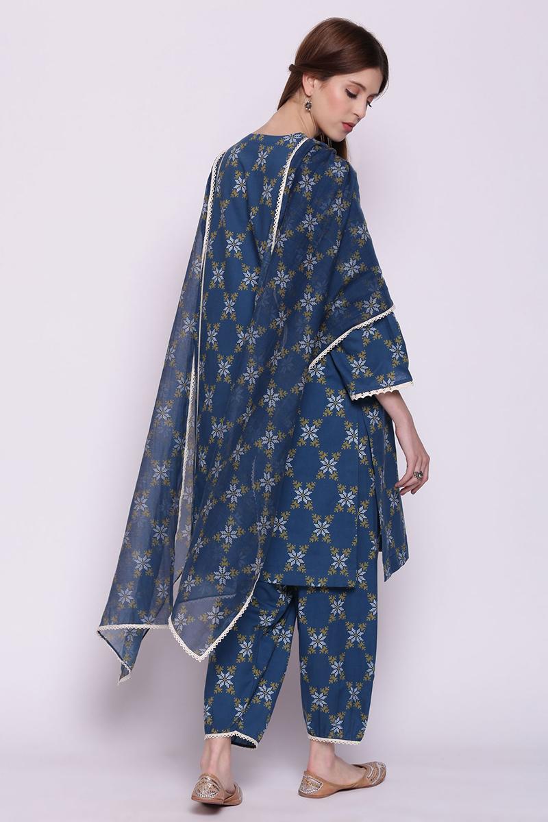 blue snowflake printed cotton kali kurta with printed pants and soft chanderi dupatta