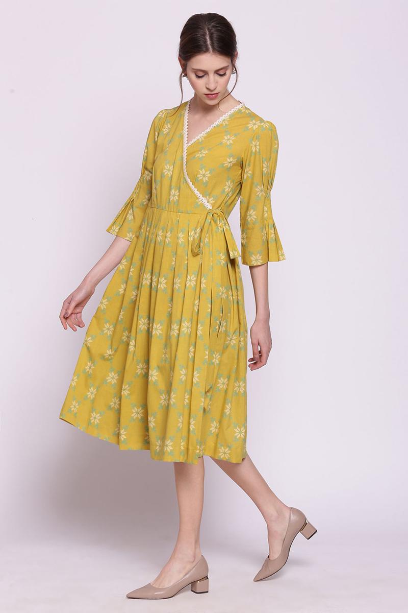 yellow mustard printed angrakha dress