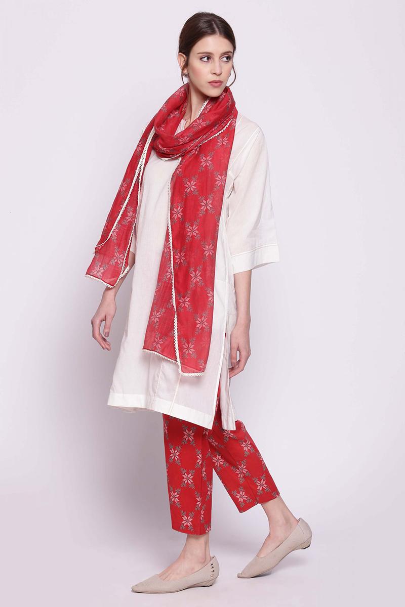 white cotton kali kurta with red cotton snowflake print pants and soft chanderi dupatta