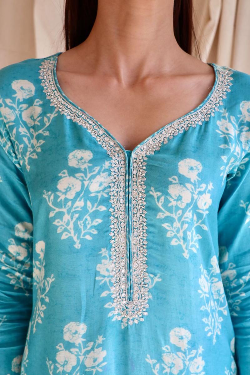 celeste blue hand embroidered muslin suit set 