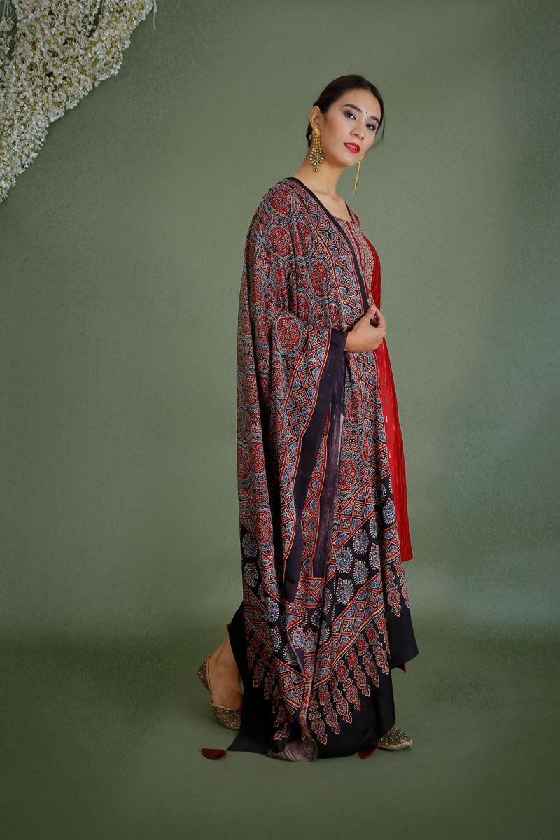 maroon ajrakh embroidery suit set