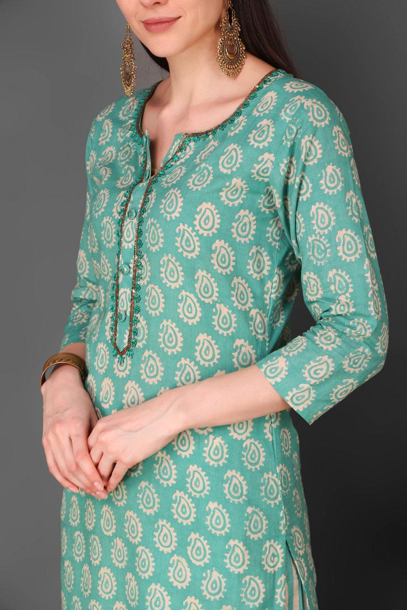indian green batik cotton kurta set