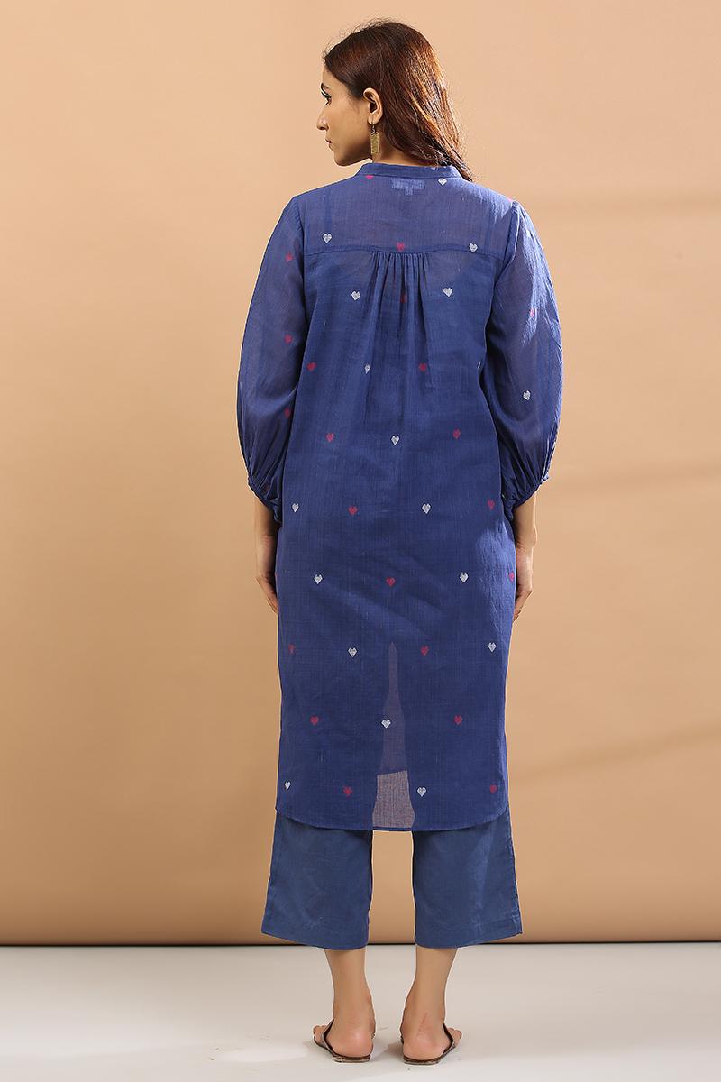 blue base with pink and white heart Kurta, pant with short slip