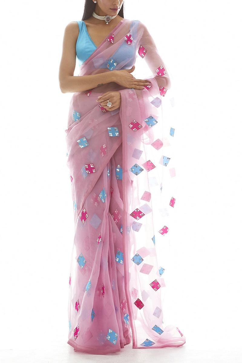 Pink Embroidered Organza Saree with Blouse