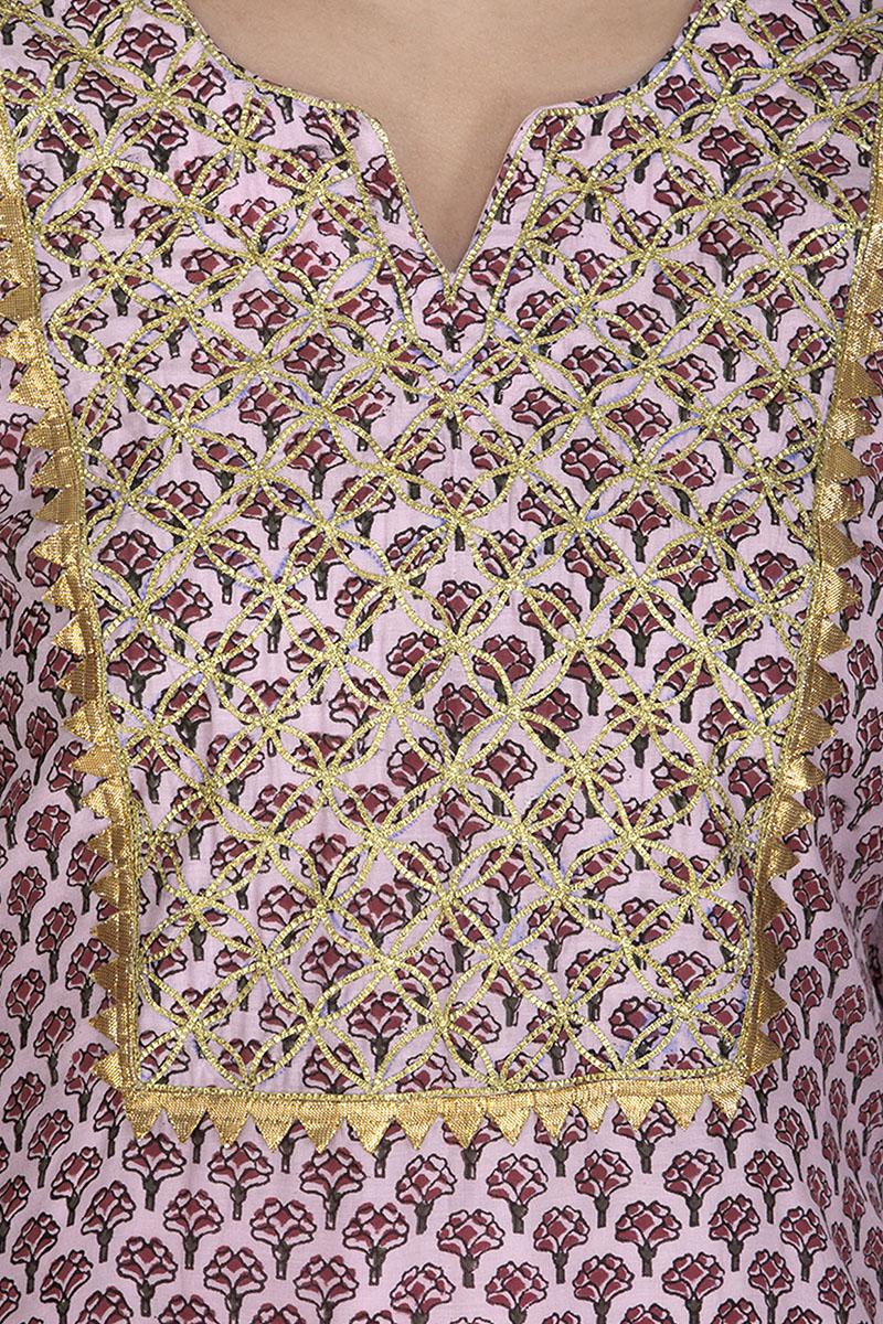 pink Hand Block Printed frill kurta set
