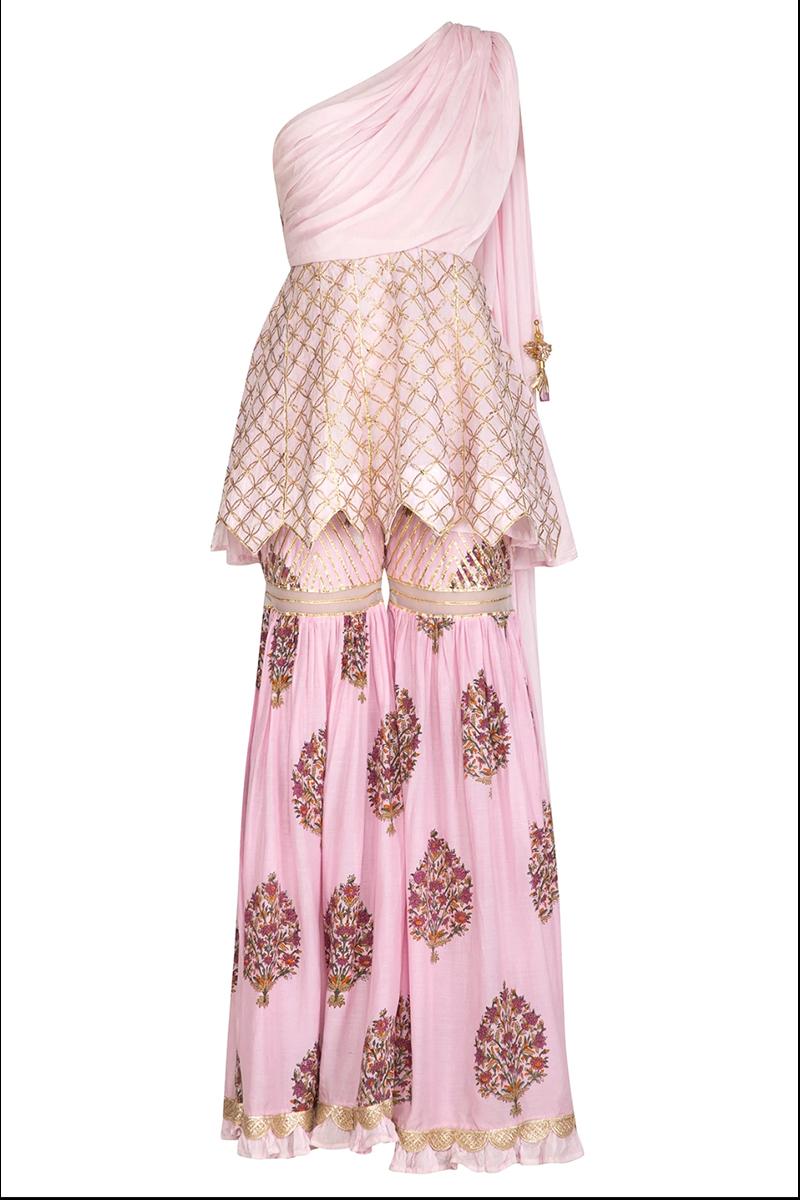 Pink one shoulder sharara set with attached dupatta