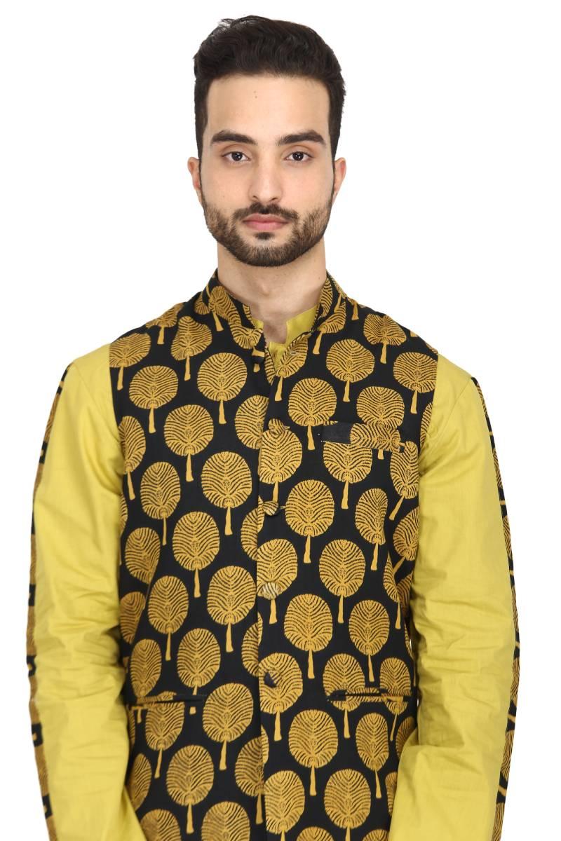 Mughal tree print bundi with mustard kurta set