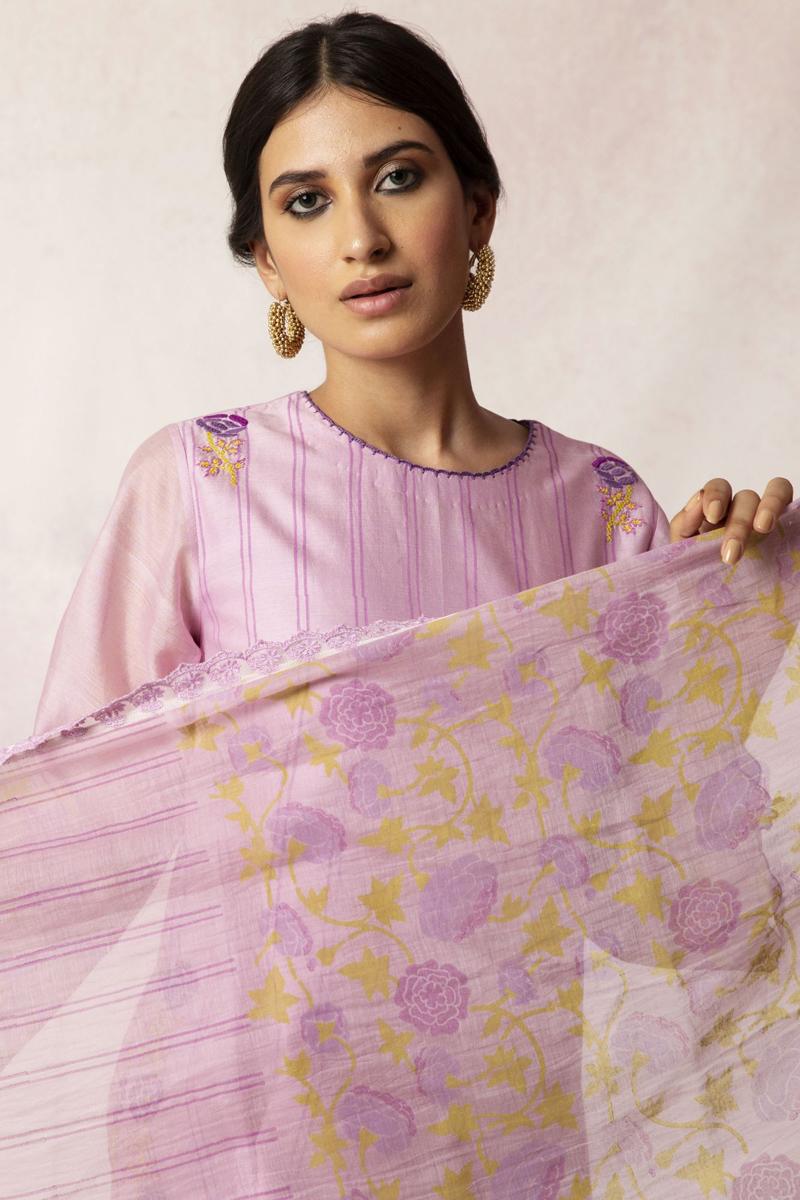 Bahaar Lilac Floral Embroidery with Rose Print Kurta Set