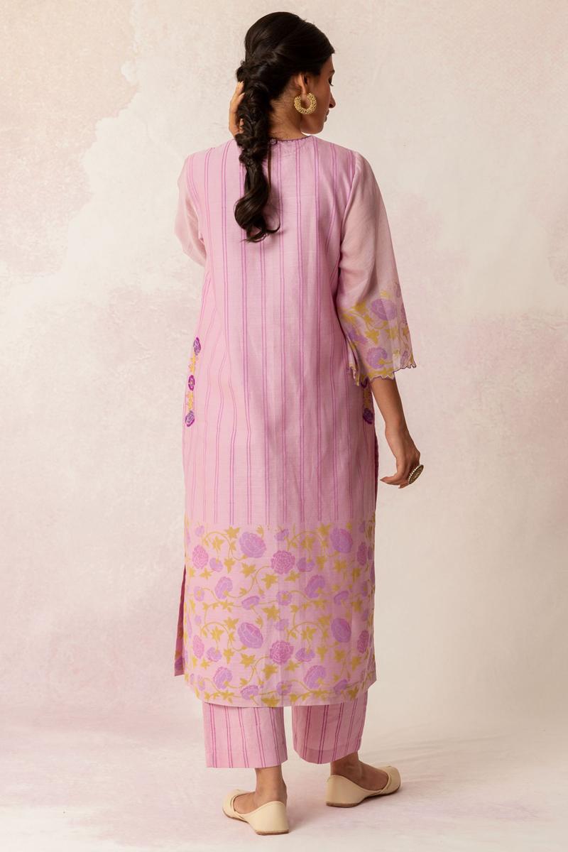 Bahaar Lilac Floral Embroidery with Rose Print Kurta Set