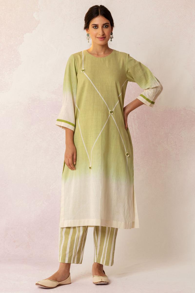 Bahaar Olive Green Khadi Cotton Ombre Grid Kurta with Stripe Pants