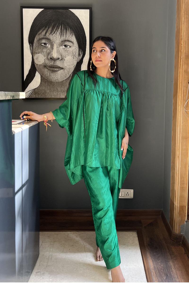 Emerald green silk cape with pants