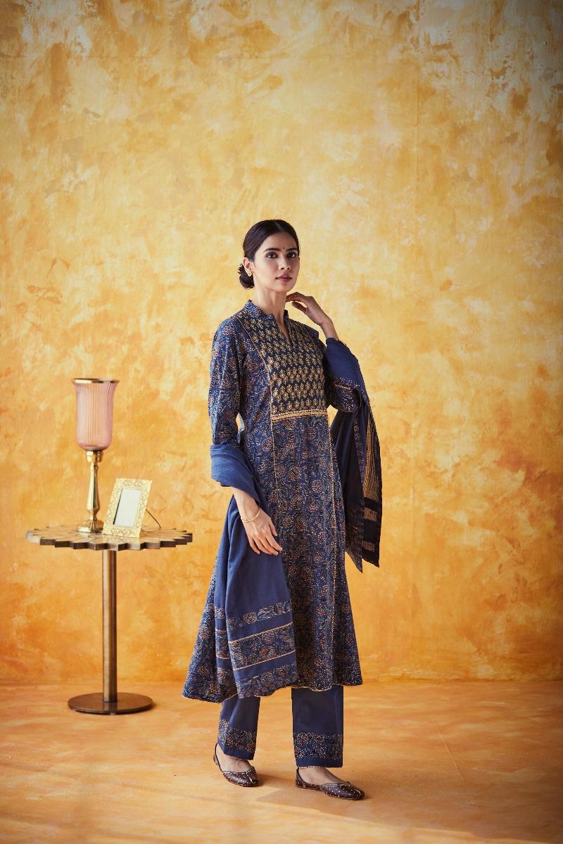 Bhoomi Indigo Blue Ajrakh Print Suit Set (Set Of 3)
